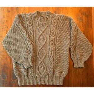 Vintage Hand knit Wool Sweater Cable Knit Fisherman Brown Large